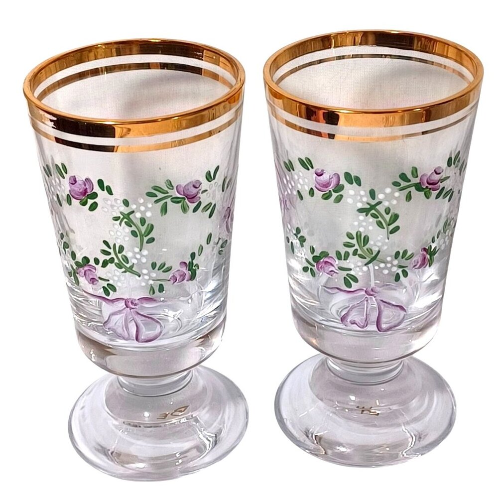 2 Antique Moser Enameled Pedestal Glasses Gold Rim Purple Floral Swags Design